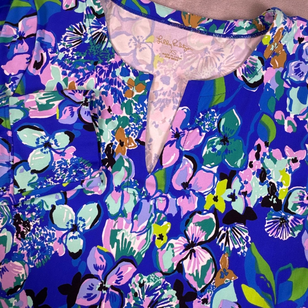 Lilly Pulitzer Sophie Dress XS Blue Floral Elephant Border UPF 50+ Long Sleeve